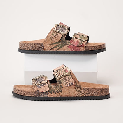 Double Buckle Cork Footbed Slide Sandals