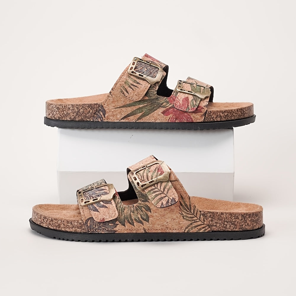 Double Buckle Cork Footbed Slide Sandals