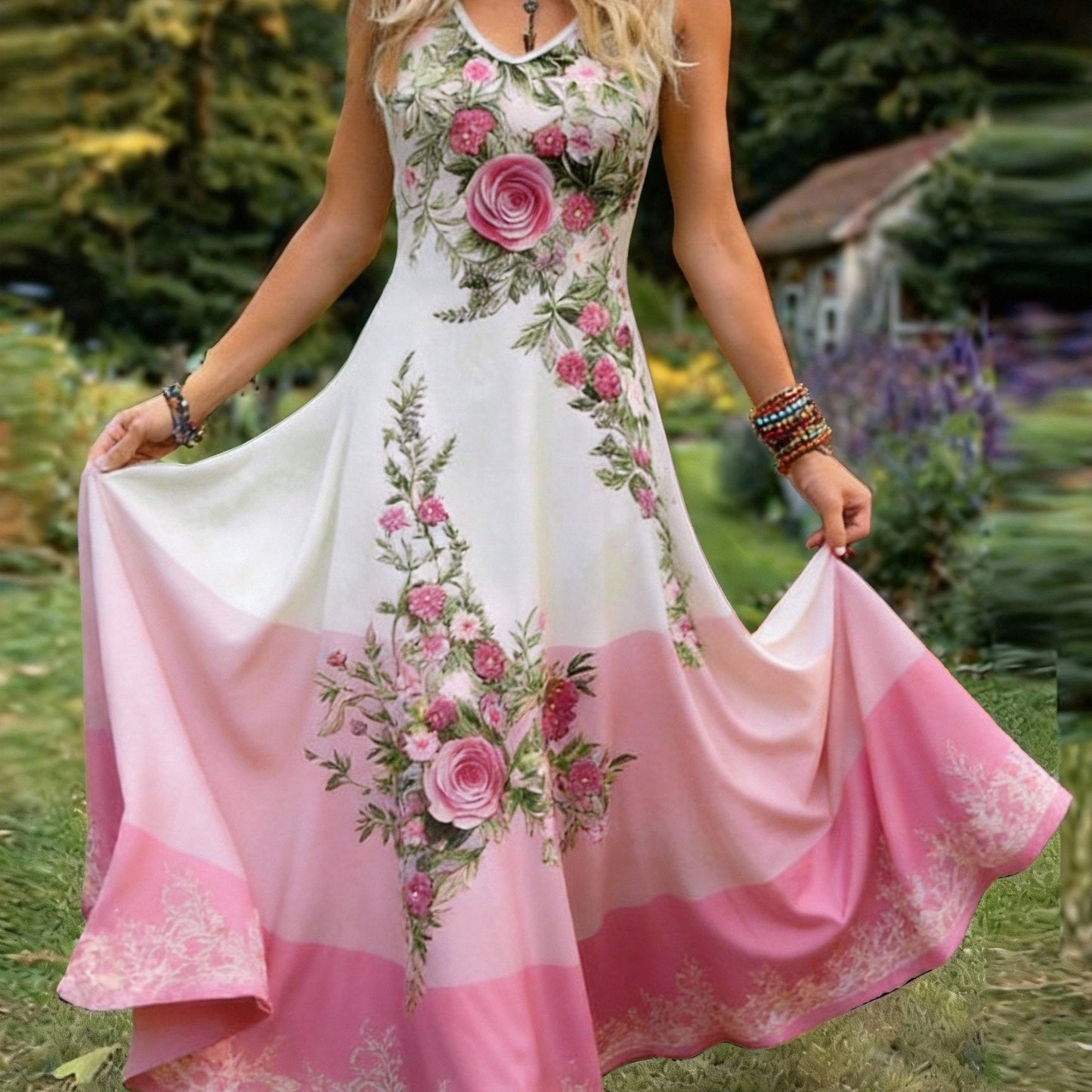 Retro Floral V Neck Maxi Dress
