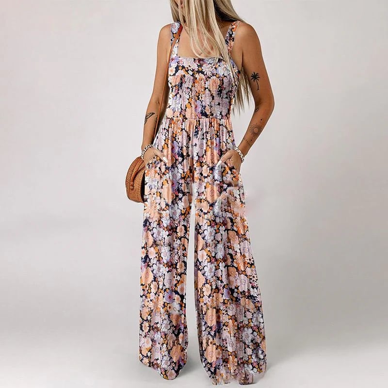 Floral Jumpsuit Smocked Bust