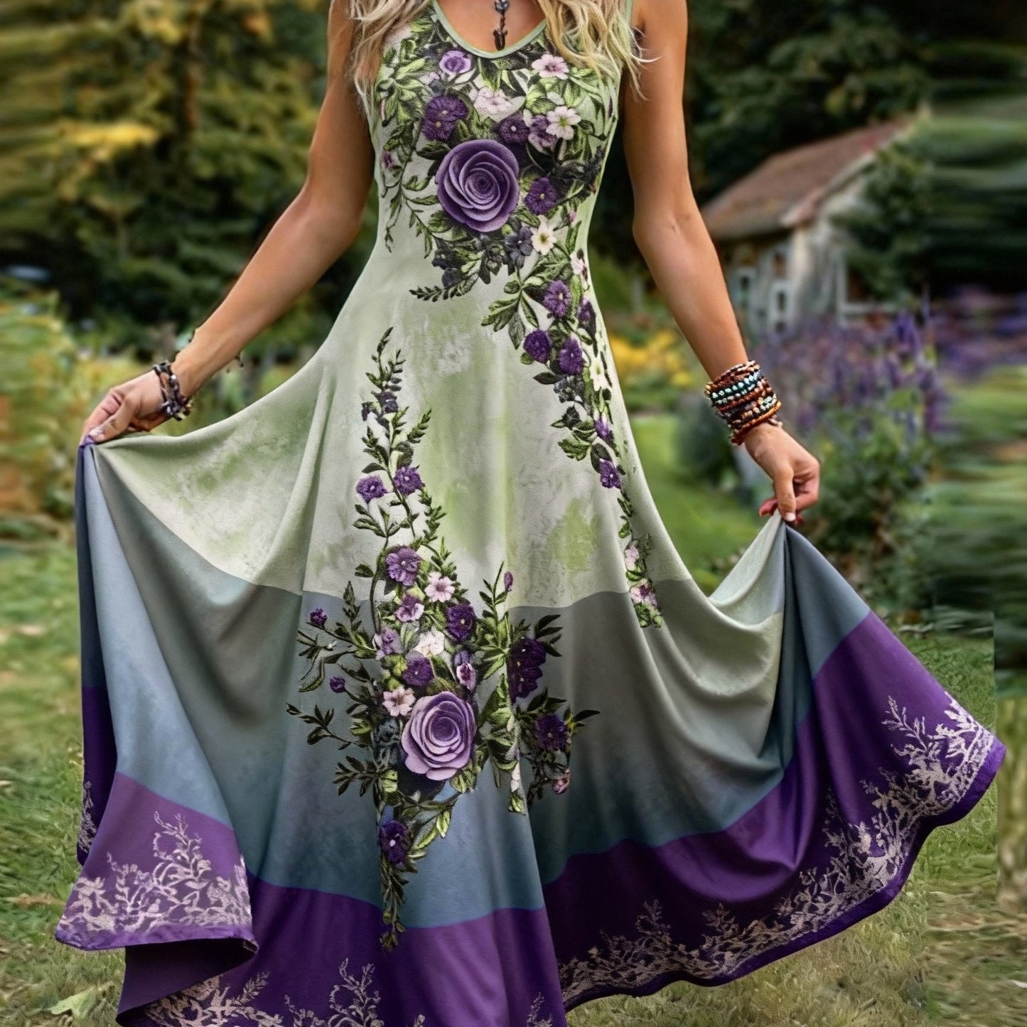 Retro Floral V Neck Maxi Dress