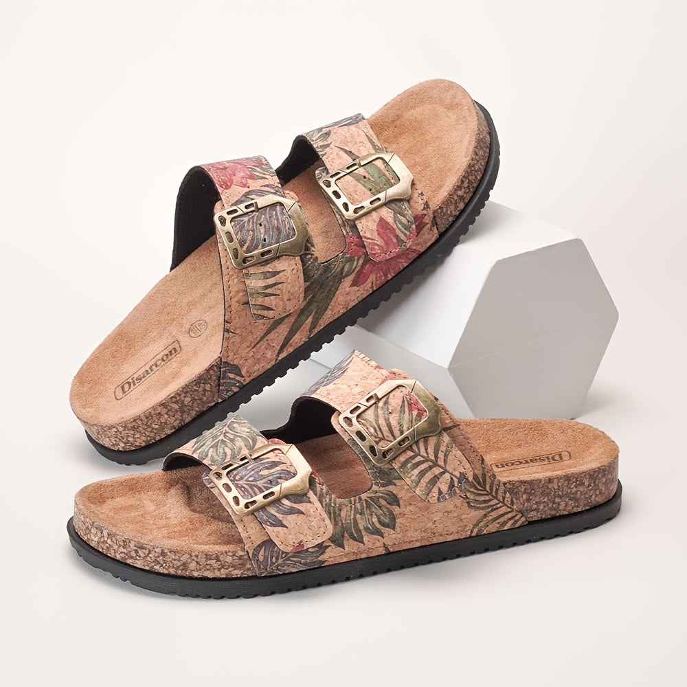 Double Buckle Cork Footbed Slide Sandals