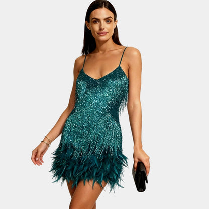 Luxurious Sequin Feather Mini Dress