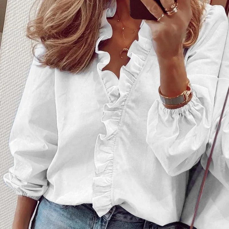 Soft Ruffle V Neck Blouse
