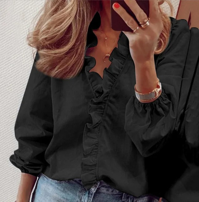 Soft Ruffle V Neck Blouse