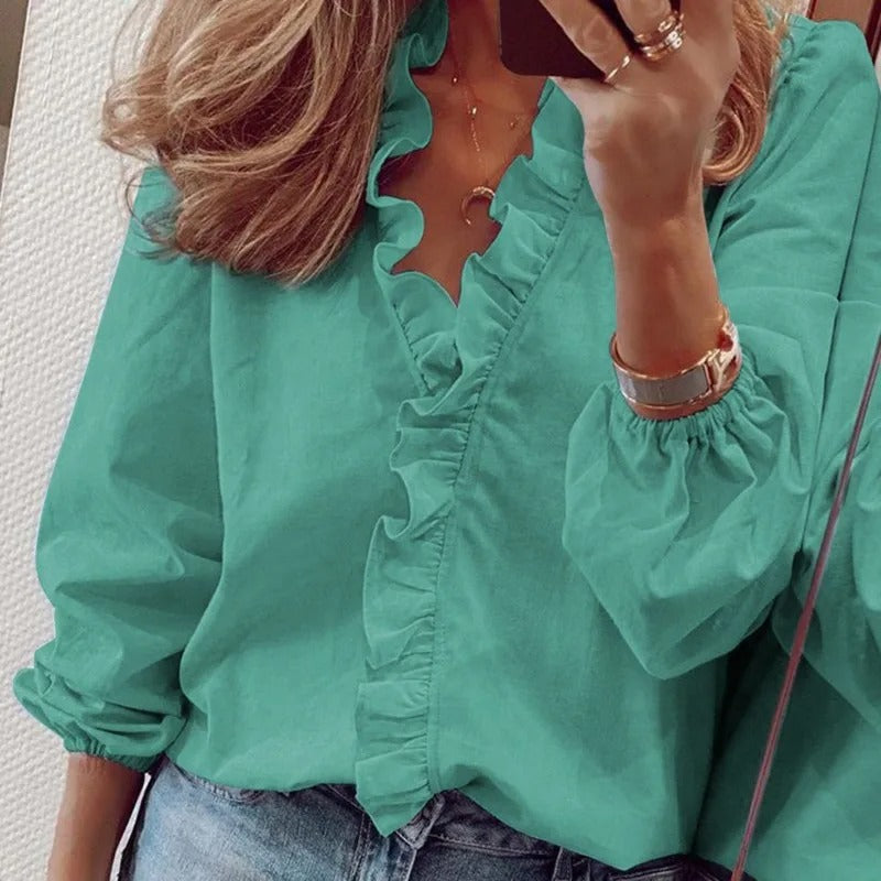 Soft Ruffle V Neck Blouse