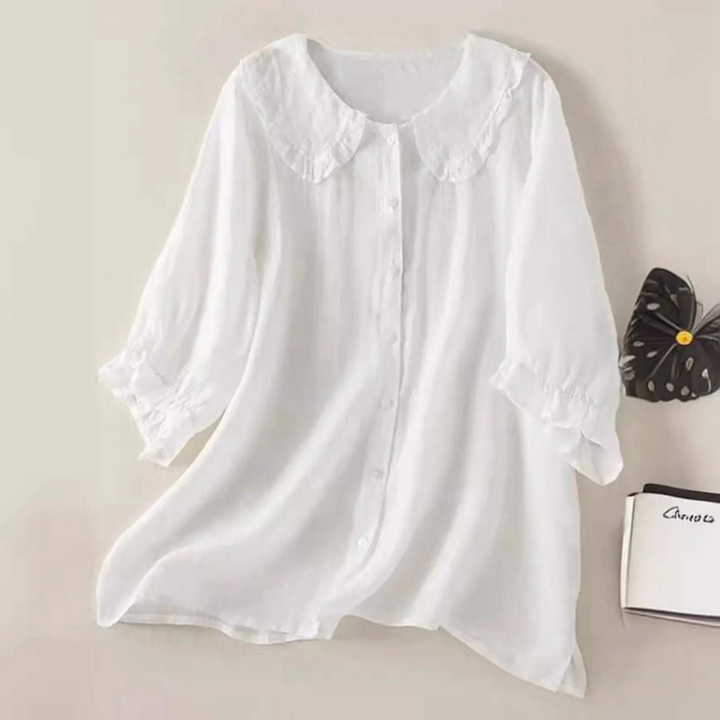Relaxed Linen Shirt Ruffle Collar