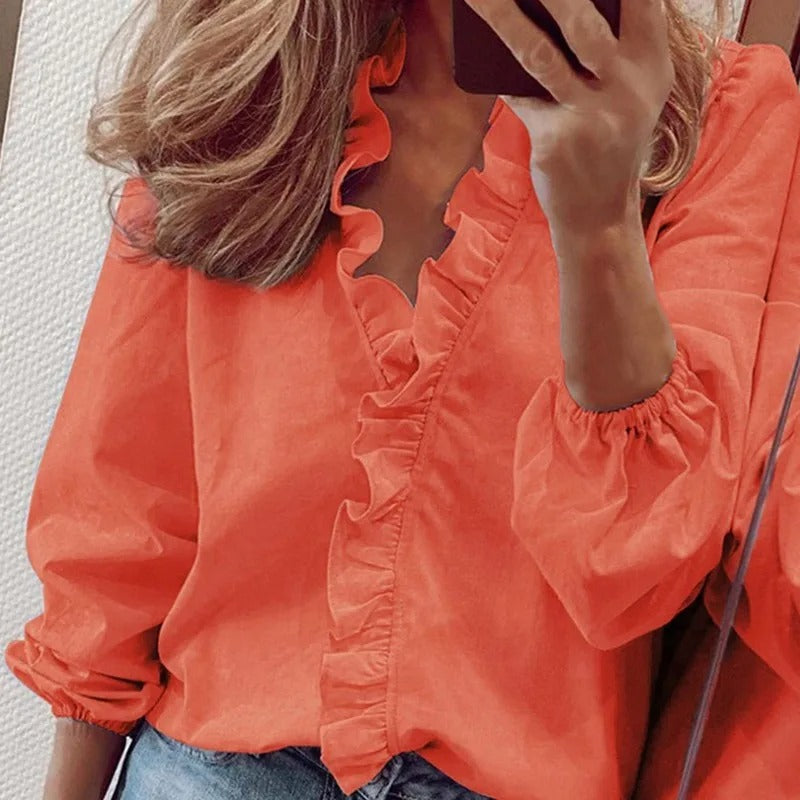 Soft Ruffle V Neck Blouse