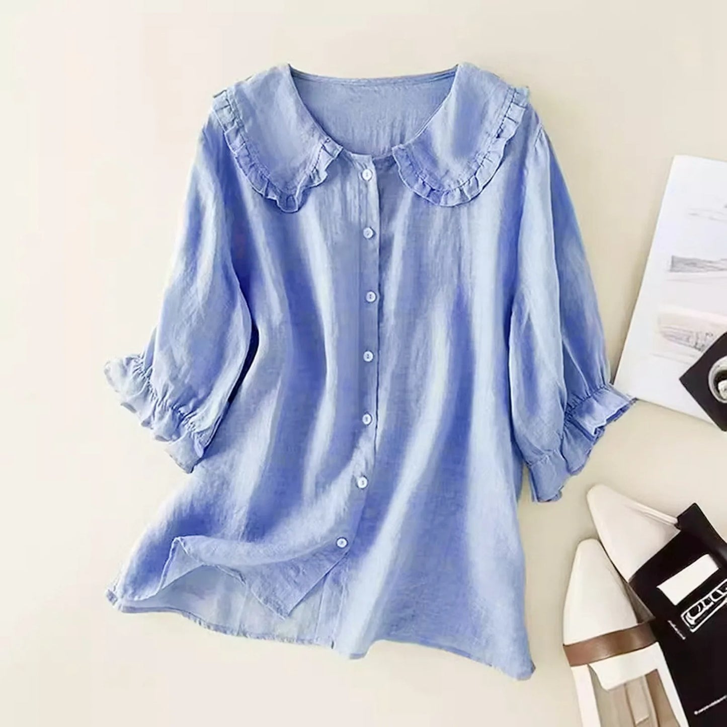 Relaxed Linen Shirt Ruffle Collar